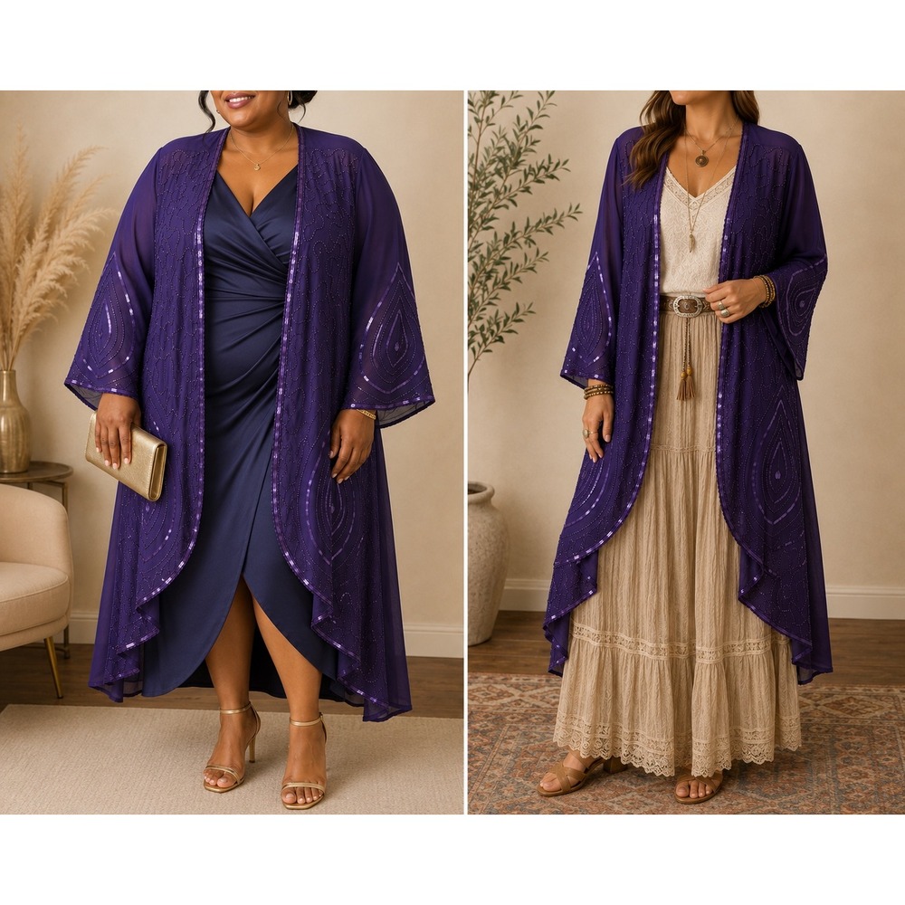 X2 161 Roaman's Purple Sequin Beaded Kimono Duster 20W Boho Glam Sheer Evening